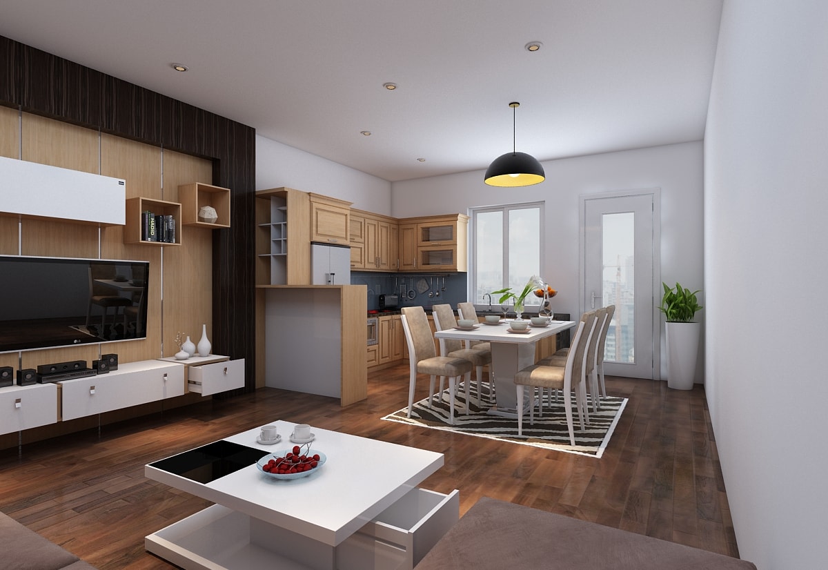 Thiết kế nội thất phòng khách liền bếp nhà ống chung cư 2022
