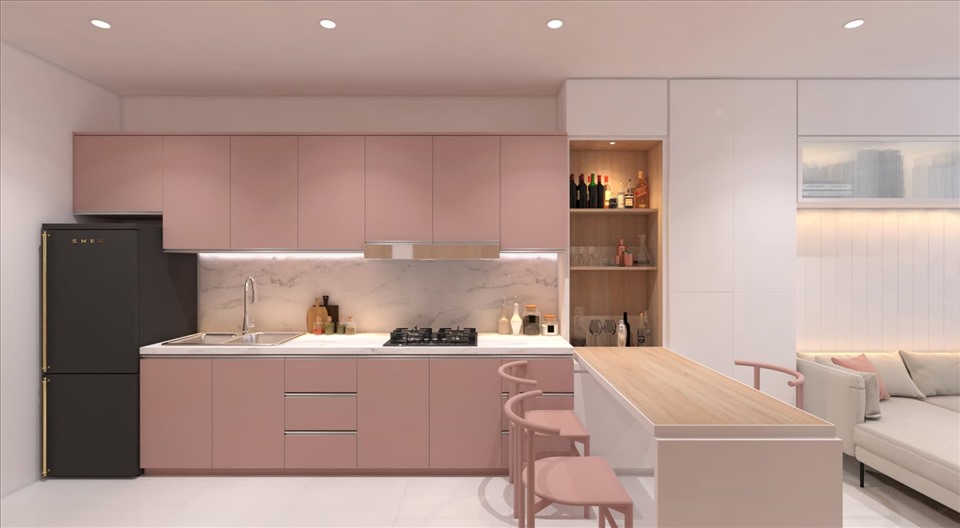 phòng bếp sơn màu hồng
