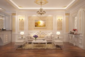 Thiết kế nội thất trần thạch cao tân cổ điển phòng khách đẹp đẳng cấp