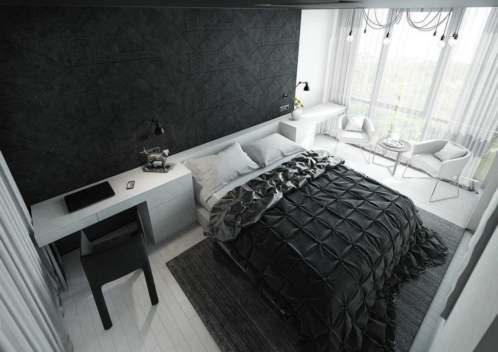 thiết kế nội thất phòng ngủ màu trắng đen
