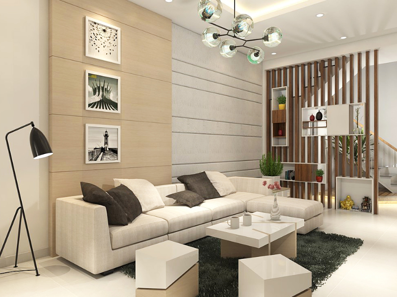 phòng khách tinh tế với gam màu trung tính chủ đạo