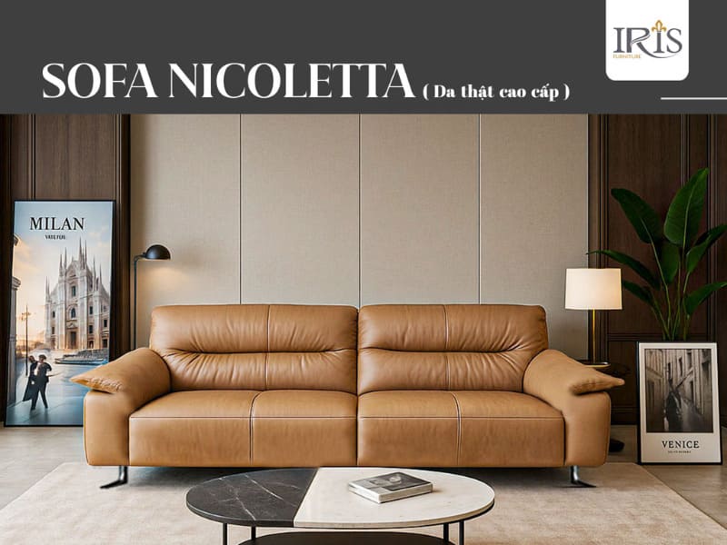 Sofa văng da bò Ý Nicoletta màu nâu tinh tế