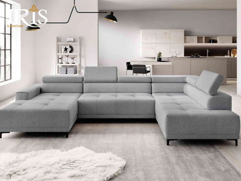 Sofa chữ U 2m8 với thiết kế đối xứng, thích hợp cho các phòng khách rộng, tiếp nhiều người mà vẫn thoải mái.