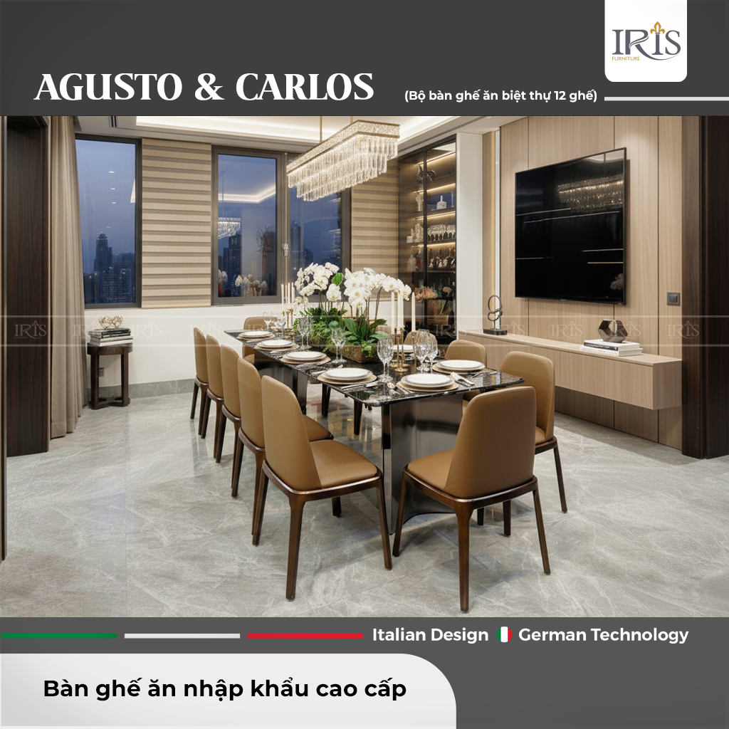 Bộ bàn ăn đá cẩm thạch nhân tạo Agusto & ghế ăn Carlos