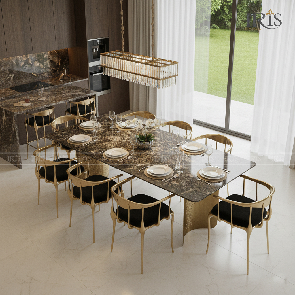 Bàn ăn mặt đá Black Gold Universe cao cấp Ý cho không gian sang trọng