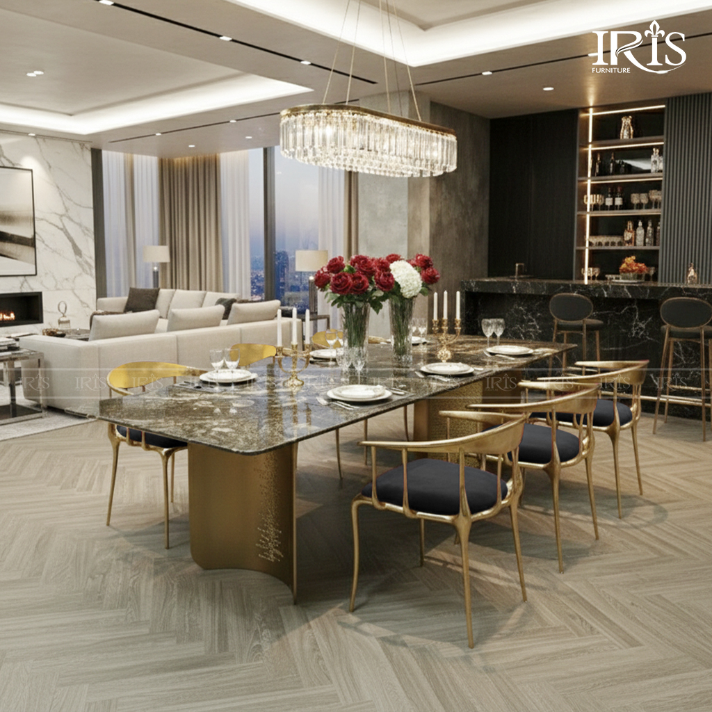 Tông đen – vàng của bộ bàn ăn tô điểm cho phòng ăn