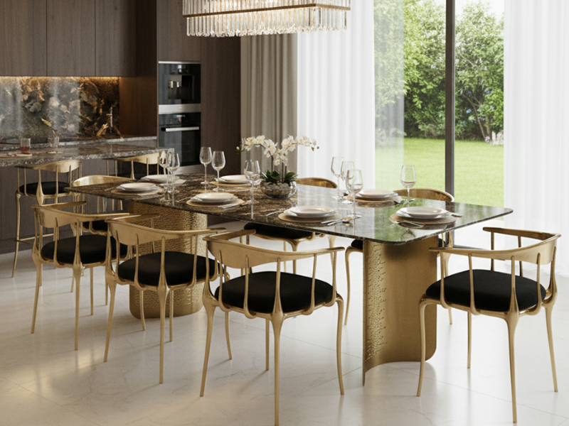 Bộ bàn ăn mặt đá 8 ghế rộng rãi cho gia đình đông người 