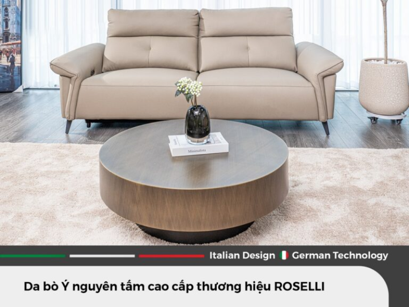 Sofa ROSELLI nổi bật với da bò Ý cao cấp, thiết kế sang trọng và tiện nghi hiện đại