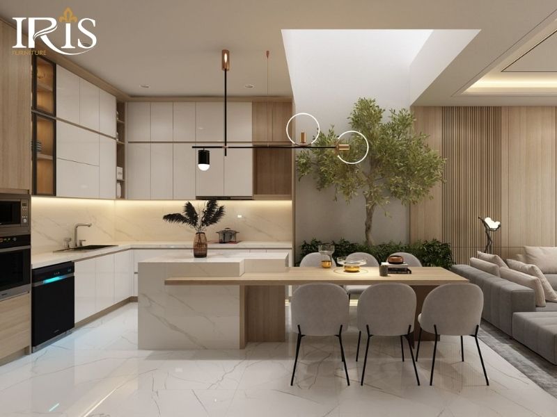 Bàn ăn kết nối bếp mở cần đồng bộ vật liệu và bố trí hợp lý không gian