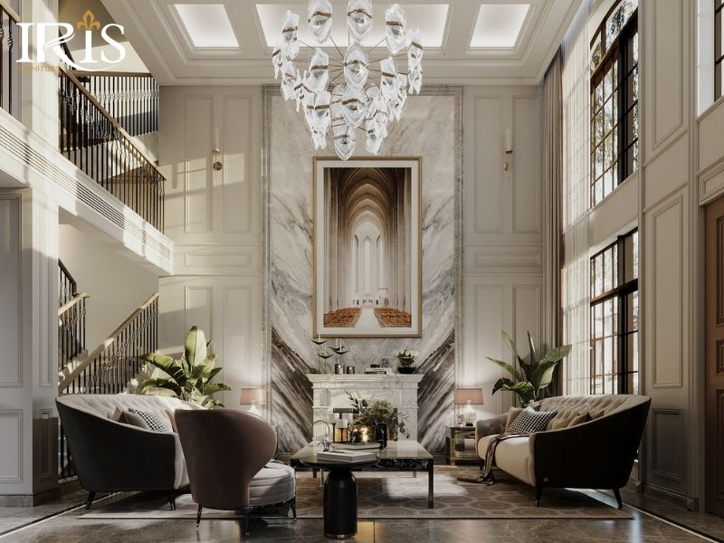 Phòng khách biệt thự cao cấp với hệ thống nội thất ánh sáng đầy đủ