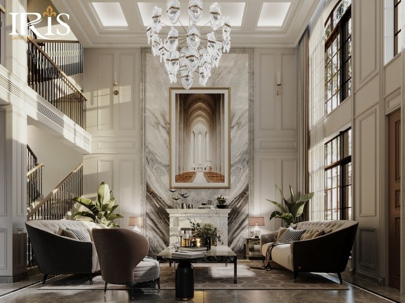 Phòng khách rộng cần sofa lớn thảm lớn và đèn trần tỷ lệ phù hợp